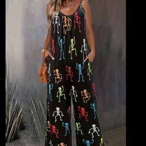Multi color skeleton-print jumpsuit wide leg, spaghetti straps Wpockets size 14